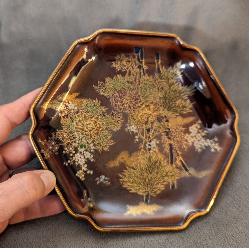 Vintage Japan Porcelain Trinket Plate Bamboo Floral Gold Trim Brown Wall Hanging